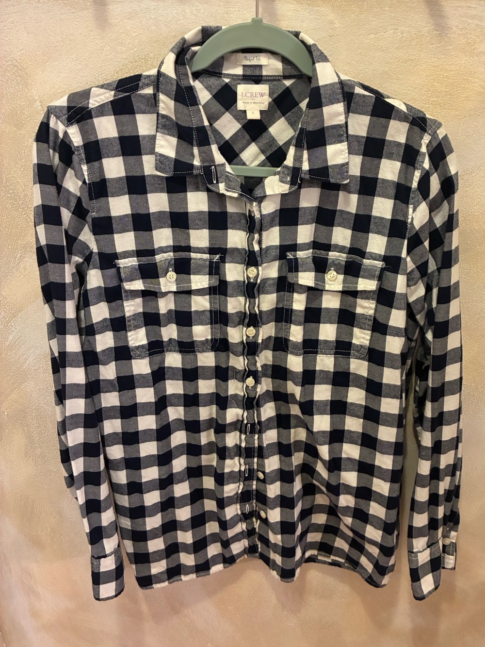 Women’s J.Crew Navy Blue & White Buffalo Check Button-Down Shirt Size Large